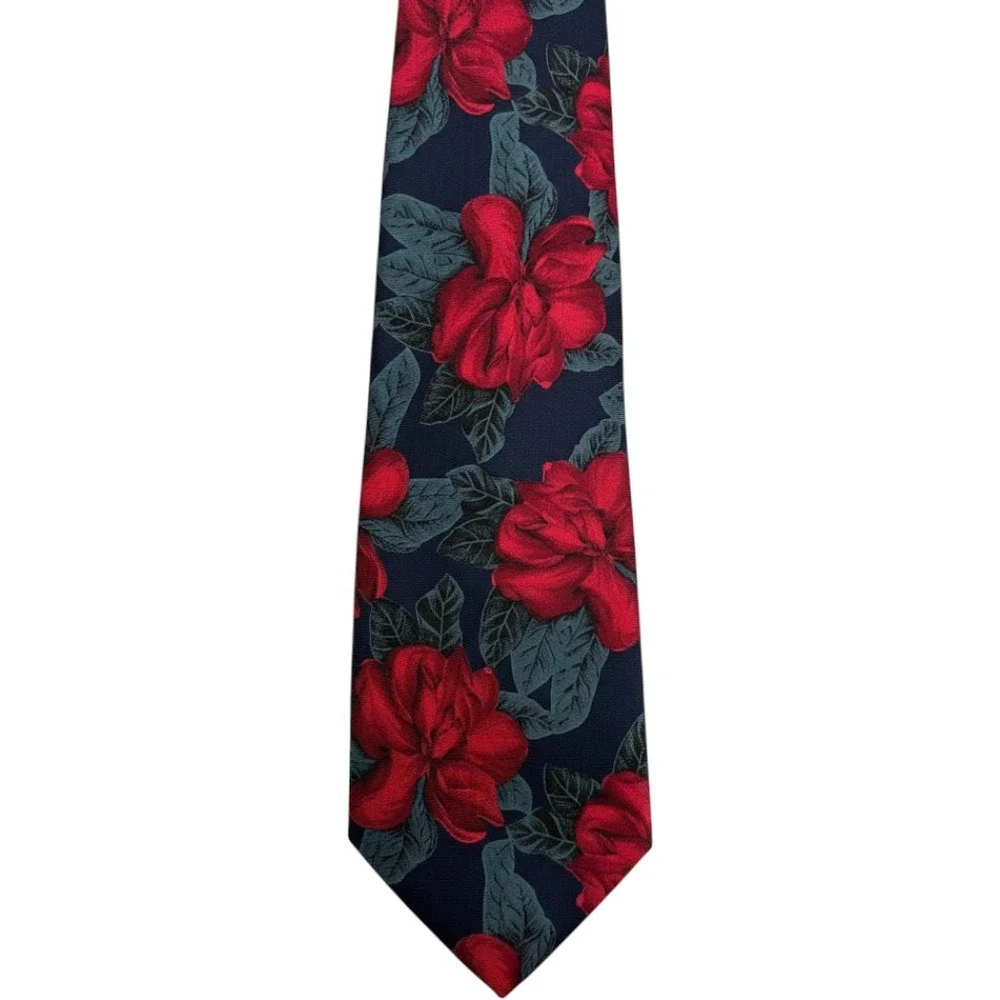 Vintage 417 by Van Heusen Necktie OS Navy Red Floral Italian Fabric Vintage